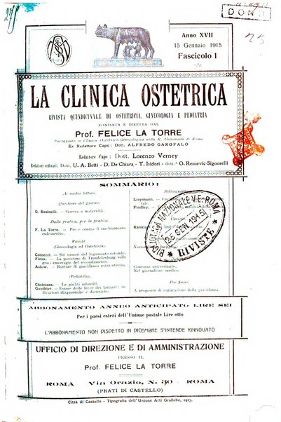 La clinica ostetrica rivista di ostetricia, ginecologia e pediatria. - A. 1, n. 1 (1899)-a. 40, n. 12 (dic. 1938)