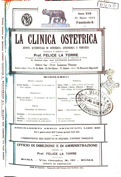 La clinica ostetrica rivista di ostetricia, ginecologia e pediatria. - A. 1, n. 1 (1899)-a. 40, n. 12 (dic. 1938)