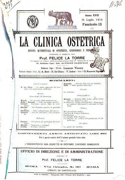 La clinica ostetrica rivista di ostetricia, ginecologia e pediatria. - A. 1, n. 1 (1899)-a. 40, n. 12 (dic. 1938)