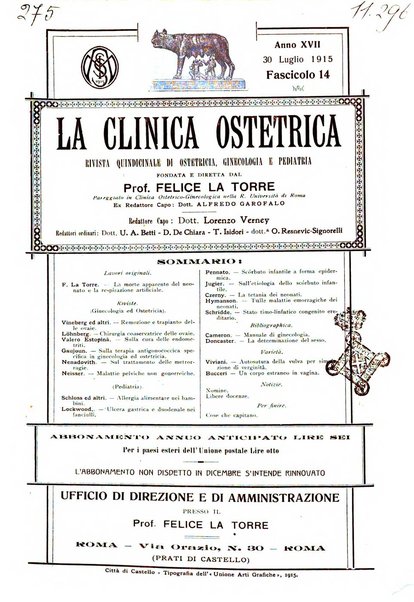 La clinica ostetrica rivista di ostetricia, ginecologia e pediatria. - A. 1, n. 1 (1899)-a. 40, n. 12 (dic. 1938)