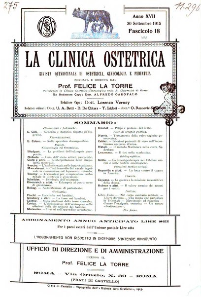 La clinica ostetrica rivista di ostetricia, ginecologia e pediatria. - A. 1, n. 1 (1899)-a. 40, n. 12 (dic. 1938)