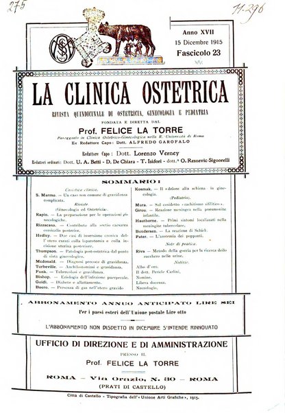 La clinica ostetrica rivista di ostetricia, ginecologia e pediatria. - A. 1, n. 1 (1899)-a. 40, n. 12 (dic. 1938)