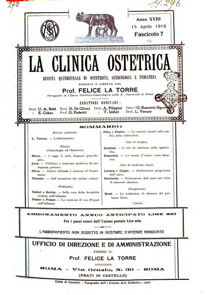 La clinica ostetrica rivista di ostetricia, ginecologia e pediatria. - A. 1, n. 1 (1899)-a. 40, n. 12 (dic. 1938)