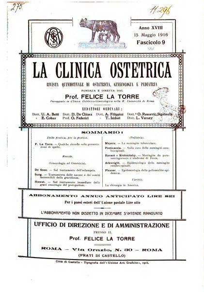 La clinica ostetrica rivista di ostetricia, ginecologia e pediatria. - A. 1, n. 1 (1899)-a. 40, n. 12 (dic. 1938)