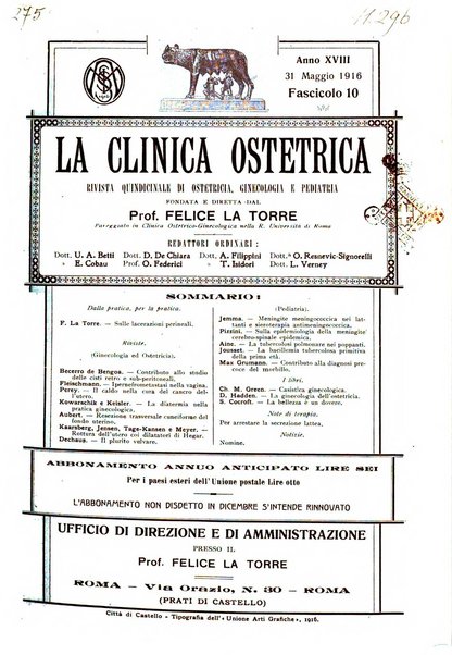 La clinica ostetrica rivista di ostetricia, ginecologia e pediatria. - A. 1, n. 1 (1899)-a. 40, n. 12 (dic. 1938)