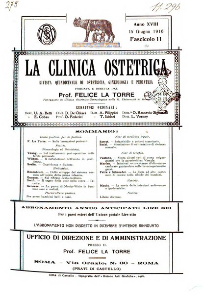 La clinica ostetrica rivista di ostetricia, ginecologia e pediatria. - A. 1, n. 1 (1899)-a. 40, n. 12 (dic. 1938)