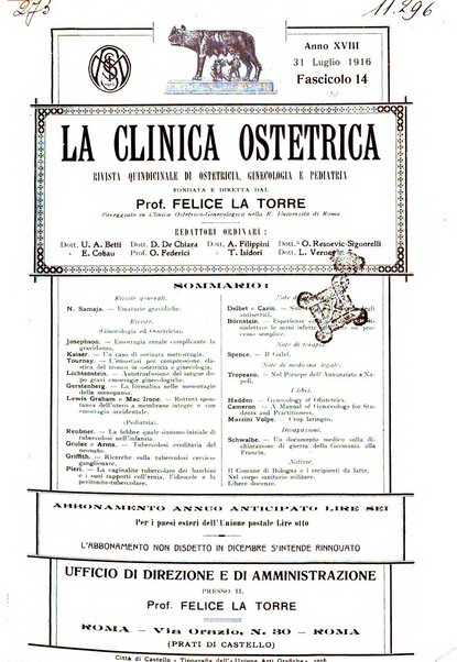 La clinica ostetrica rivista di ostetricia, ginecologia e pediatria. - A. 1, n. 1 (1899)-a. 40, n. 12 (dic. 1938)