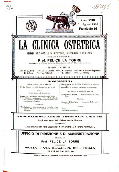 La clinica ostetrica rivista di ostetricia, ginecologia e pediatria. - A. 1, n. 1 (1899)-a. 40, n. 12 (dic. 1938)