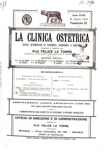 La clinica ostetrica rivista di ostetricia, ginecologia e pediatria. - A. 1, n. 1 (1899)-a. 40, n. 12 (dic. 1938)