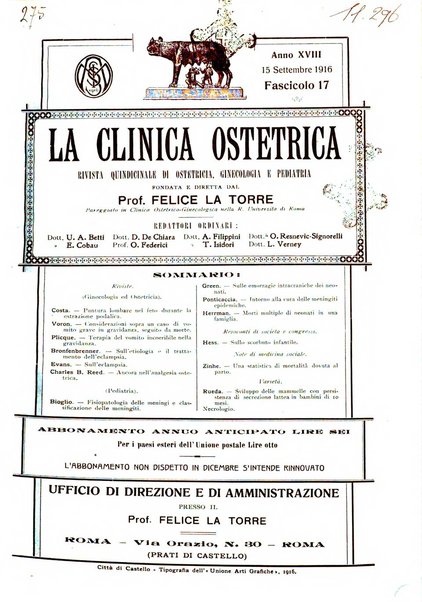 La clinica ostetrica rivista di ostetricia, ginecologia e pediatria. - A. 1, n. 1 (1899)-a. 40, n. 12 (dic. 1938)