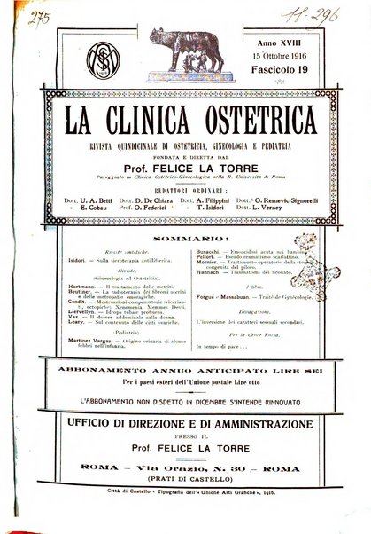 La clinica ostetrica rivista di ostetricia, ginecologia e pediatria. - A. 1, n. 1 (1899)-a. 40, n. 12 (dic. 1938)