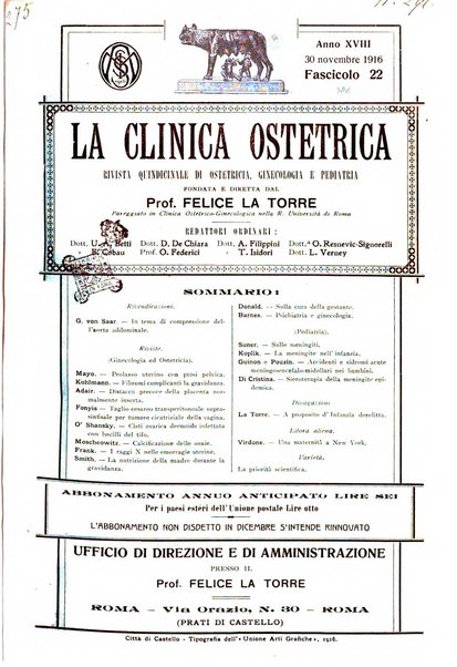 La clinica ostetrica rivista di ostetricia, ginecologia e pediatria. - A. 1, n. 1 (1899)-a. 40, n. 12 (dic. 1938)