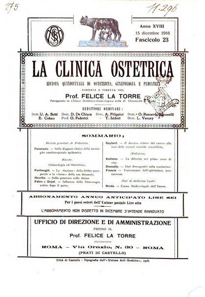 La clinica ostetrica rivista di ostetricia, ginecologia e pediatria. - A. 1, n. 1 (1899)-a. 40, n. 12 (dic. 1938)