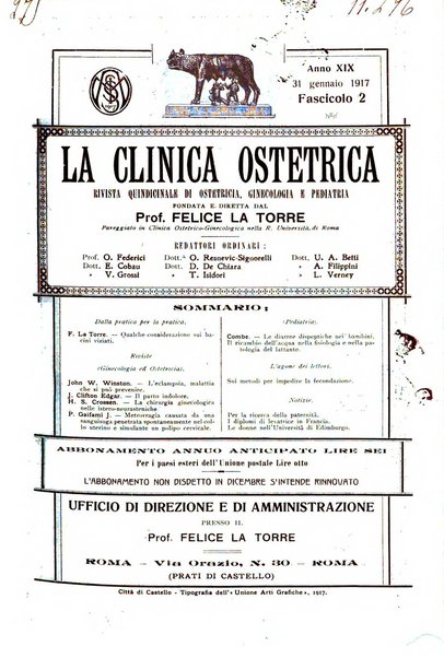 La clinica ostetrica rivista di ostetricia, ginecologia e pediatria. - A. 1, n. 1 (1899)-a. 40, n. 12 (dic. 1938)