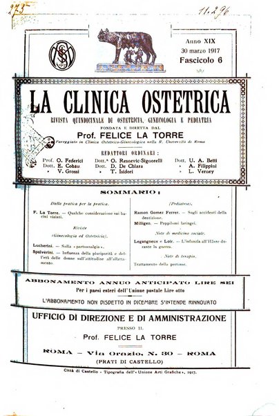 La clinica ostetrica rivista di ostetricia, ginecologia e pediatria. - A. 1, n. 1 (1899)-a. 40, n. 12 (dic. 1938)