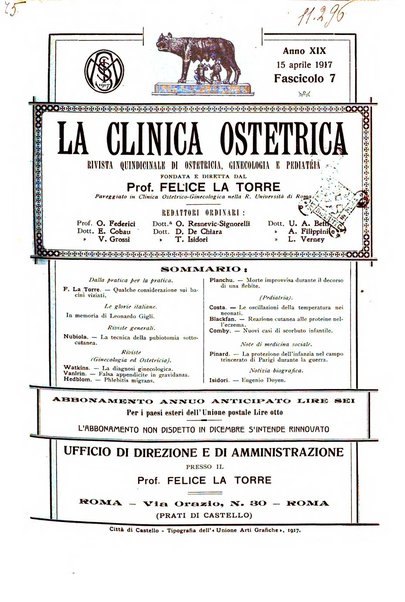 La clinica ostetrica rivista di ostetricia, ginecologia e pediatria. - A. 1, n. 1 (1899)-a. 40, n. 12 (dic. 1938)