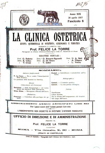 La clinica ostetrica rivista di ostetricia, ginecologia e pediatria. - A. 1, n. 1 (1899)-a. 40, n. 12 (dic. 1938)