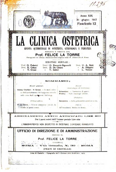 La clinica ostetrica rivista di ostetricia, ginecologia e pediatria. - A. 1, n. 1 (1899)-a. 40, n. 12 (dic. 1938)