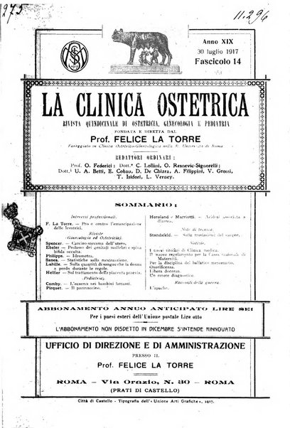 La clinica ostetrica rivista di ostetricia, ginecologia e pediatria. - A. 1, n. 1 (1899)-a. 40, n. 12 (dic. 1938)