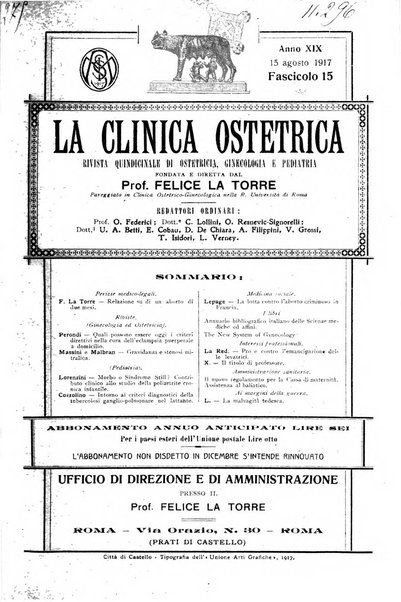 La clinica ostetrica rivista di ostetricia, ginecologia e pediatria. - A. 1, n. 1 (1899)-a. 40, n. 12 (dic. 1938)