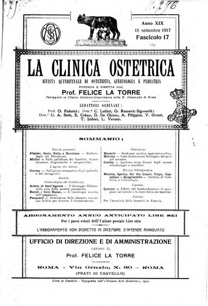 La clinica ostetrica rivista di ostetricia, ginecologia e pediatria. - A. 1, n. 1 (1899)-a. 40, n. 12 (dic. 1938)