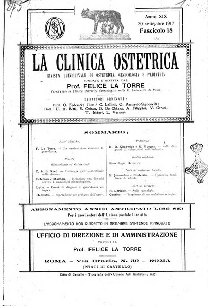 La clinica ostetrica rivista di ostetricia, ginecologia e pediatria. - A. 1, n. 1 (1899)-a. 40, n. 12 (dic. 1938)