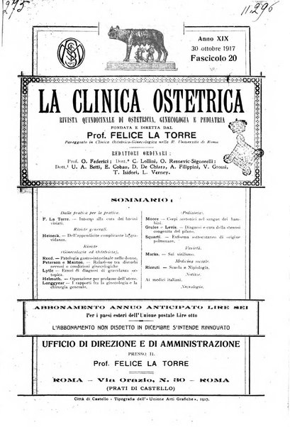 La clinica ostetrica rivista di ostetricia, ginecologia e pediatria. - A. 1, n. 1 (1899)-a. 40, n. 12 (dic. 1938)