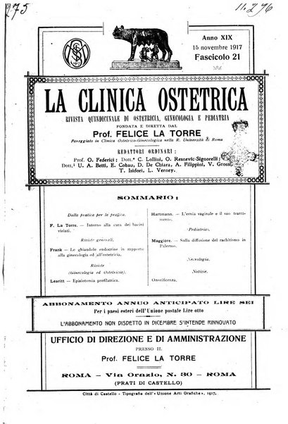 La clinica ostetrica rivista di ostetricia, ginecologia e pediatria. - A. 1, n. 1 (1899)-a. 40, n. 12 (dic. 1938)