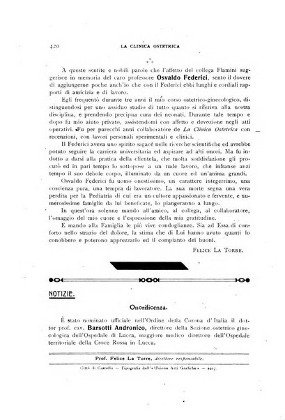 La clinica ostetrica rivista di ostetricia, ginecologia e pediatria. - A. 1, n. 1 (1899)-a. 40, n. 12 (dic. 1938)