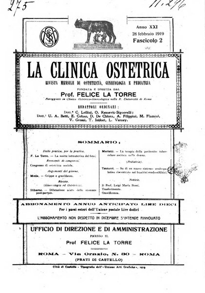 La clinica ostetrica rivista di ostetricia, ginecologia e pediatria. - A. 1, n. 1 (1899)-a. 40, n. 12 (dic. 1938)