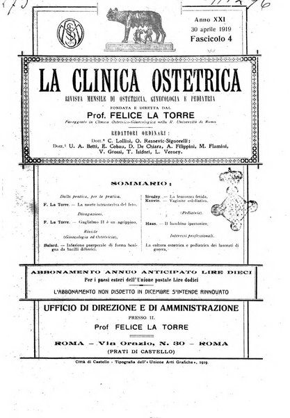 La clinica ostetrica rivista di ostetricia, ginecologia e pediatria. - A. 1, n. 1 (1899)-a. 40, n. 12 (dic. 1938)