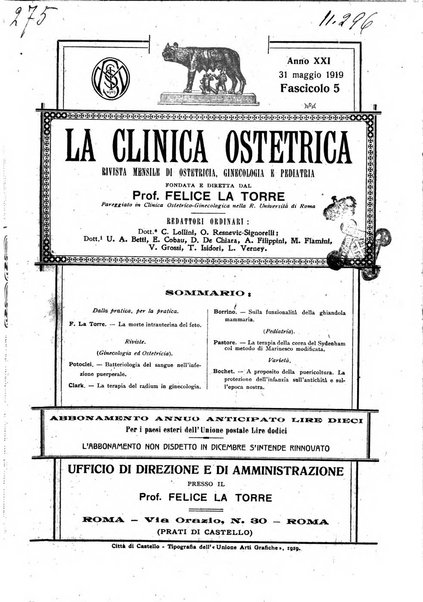 La clinica ostetrica rivista di ostetricia, ginecologia e pediatria. - A. 1, n. 1 (1899)-a. 40, n. 12 (dic. 1938)