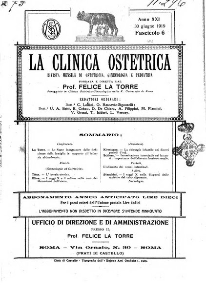 La clinica ostetrica rivista di ostetricia, ginecologia e pediatria. - A. 1, n. 1 (1899)-a. 40, n. 12 (dic. 1938)