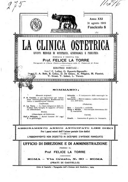 La clinica ostetrica rivista di ostetricia, ginecologia e pediatria. - A. 1, n. 1 (1899)-a. 40, n. 12 (dic. 1938)