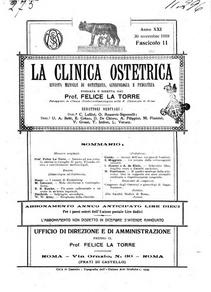 La clinica ostetrica rivista di ostetricia, ginecologia e pediatria. - A. 1, n. 1 (1899)-a. 40, n. 12 (dic. 1938)