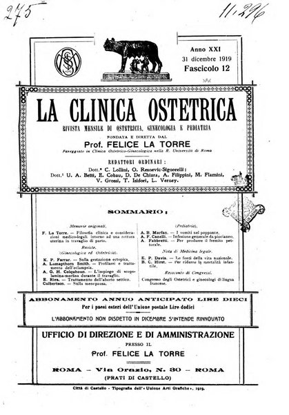 La clinica ostetrica rivista di ostetricia, ginecologia e pediatria. - A. 1, n. 1 (1899)-a. 40, n. 12 (dic. 1938)