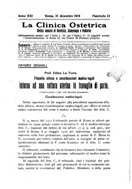 La clinica ostetrica rivista di ostetricia, ginecologia e pediatria. - A. 1, n. 1 (1899)-a. 40, n. 12 (dic. 1938)