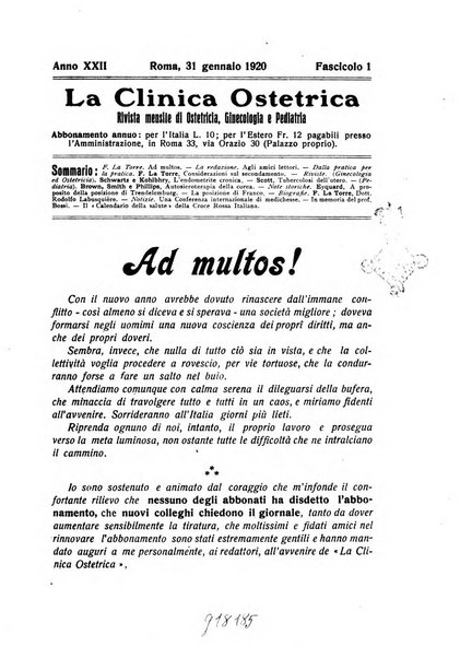 La clinica ostetrica rivista di ostetricia, ginecologia e pediatria. - A. 1, n. 1 (1899)-a. 40, n. 12 (dic. 1938)