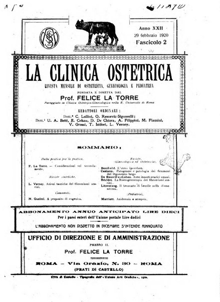 La clinica ostetrica rivista di ostetricia, ginecologia e pediatria. - A. 1, n. 1 (1899)-a. 40, n. 12 (dic. 1938)