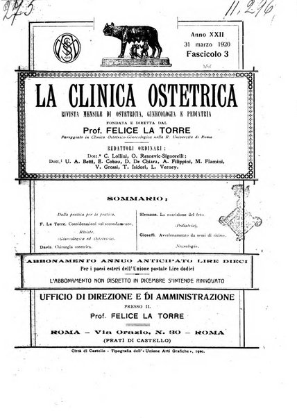 La clinica ostetrica rivista di ostetricia, ginecologia e pediatria. - A. 1, n. 1 (1899)-a. 40, n. 12 (dic. 1938)