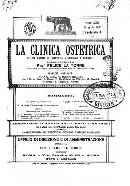 La clinica ostetrica rivista di ostetricia, ginecologia e pediatria. - A. 1, n. 1 (1899)-a. 40, n. 12 (dic. 1938)