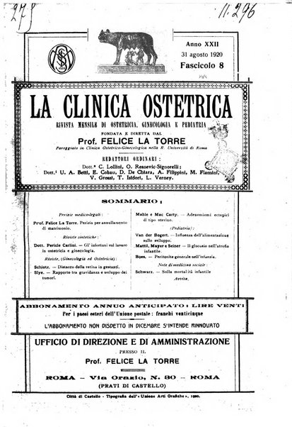 La clinica ostetrica rivista di ostetricia, ginecologia e pediatria. - A. 1, n. 1 (1899)-a. 40, n. 12 (dic. 1938)