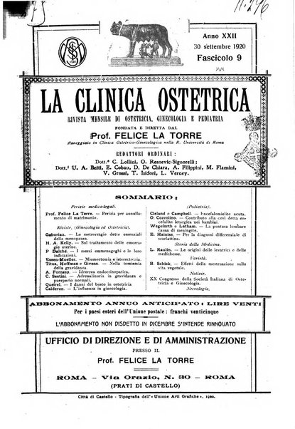 La clinica ostetrica rivista di ostetricia, ginecologia e pediatria. - A. 1, n. 1 (1899)-a. 40, n. 12 (dic. 1938)