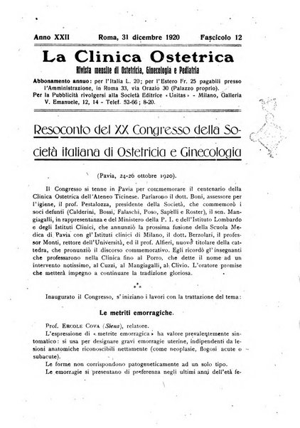 La clinica ostetrica rivista di ostetricia, ginecologia e pediatria. - A. 1, n. 1 (1899)-a. 40, n. 12 (dic. 1938)