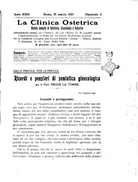 La clinica ostetrica rivista di ostetricia, ginecologia e pediatria. - A. 1, n. 1 (1899)-a. 40, n. 12 (dic. 1938)