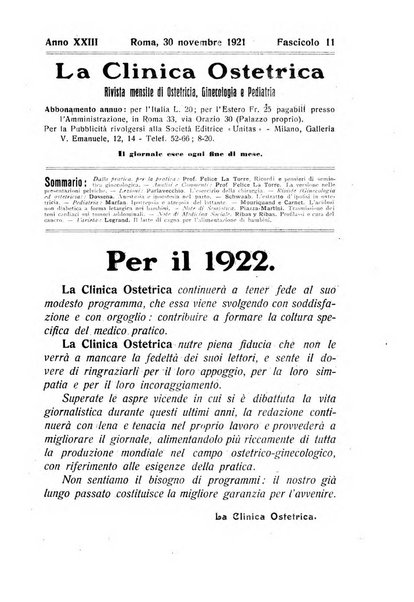 La clinica ostetrica rivista di ostetricia, ginecologia e pediatria. - A. 1, n. 1 (1899)-a. 40, n. 12 (dic. 1938)