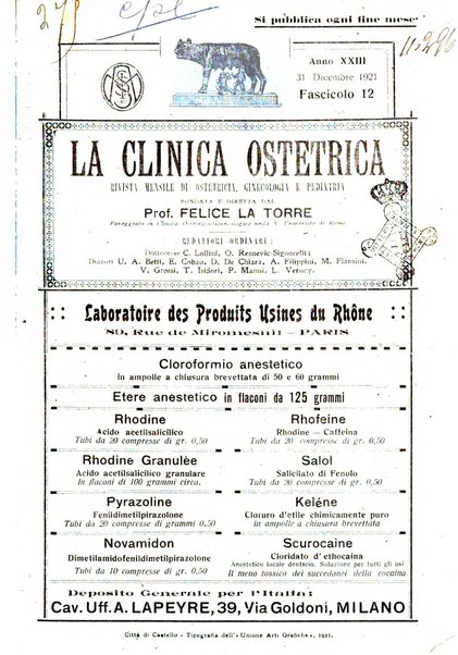 La clinica ostetrica rivista di ostetricia, ginecologia e pediatria. - A. 1, n. 1 (1899)-a. 40, n. 12 (dic. 1938)