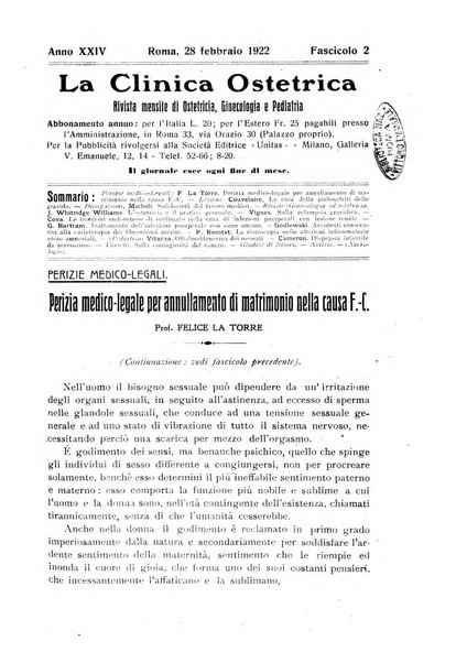 La clinica ostetrica rivista di ostetricia, ginecologia e pediatria. - A. 1, n. 1 (1899)-a. 40, n. 12 (dic. 1938)