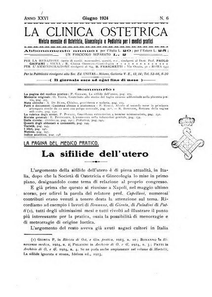 La clinica ostetrica rivista di ostetricia, ginecologia e pediatria. - A. 1, n. 1 (1899)-a. 40, n. 12 (dic. 1938)