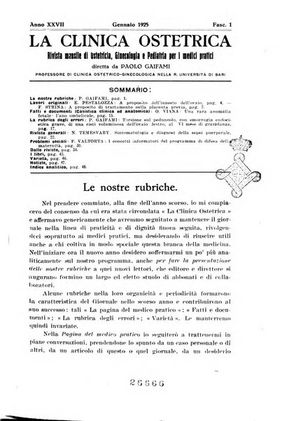 La clinica ostetrica rivista di ostetricia, ginecologia e pediatria. - A. 1, n. 1 (1899)-a. 40, n. 12 (dic. 1938)